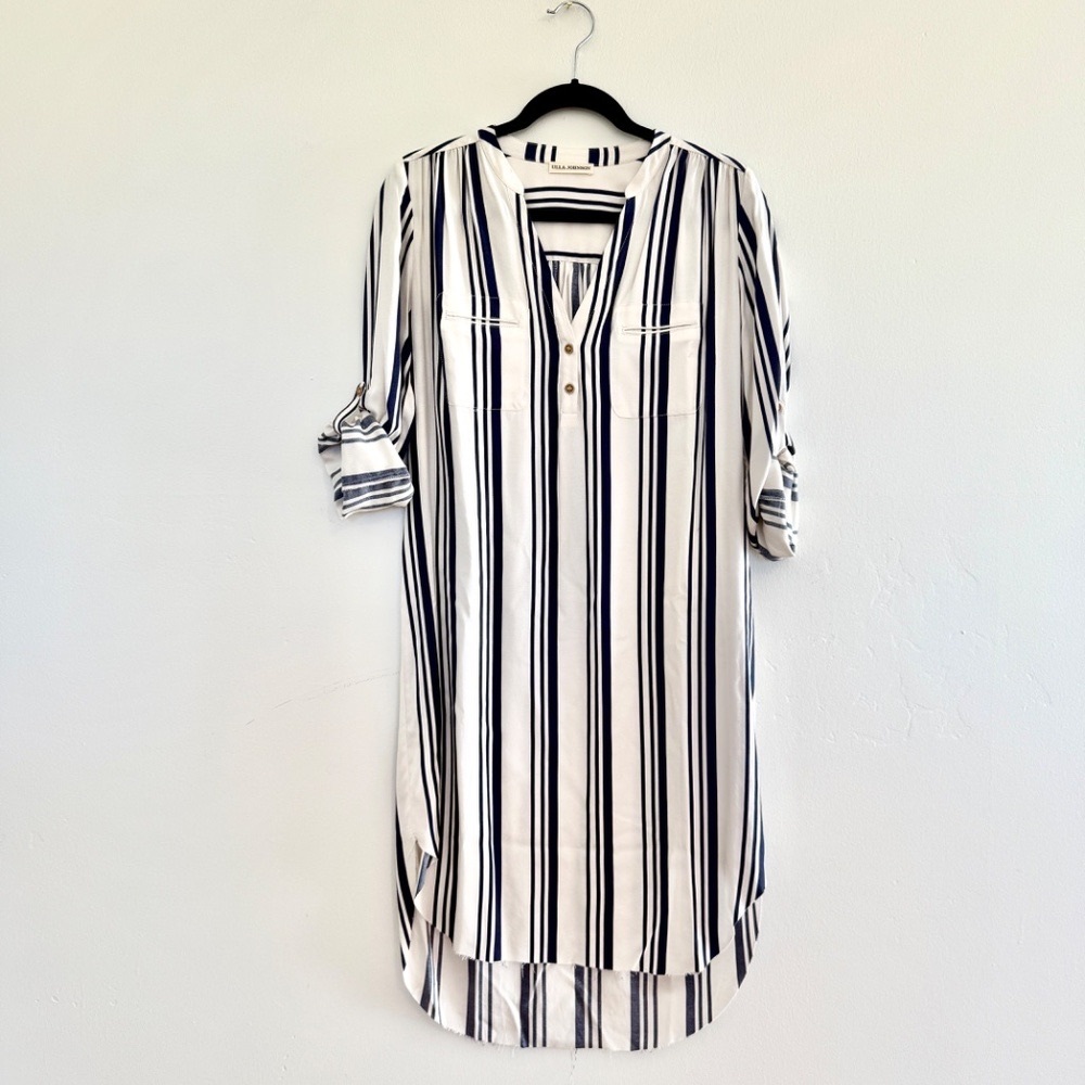 ULLA JOHNSON Midi Dress Blue Stripes Convertible Sleeves 4 Small Loose Casual